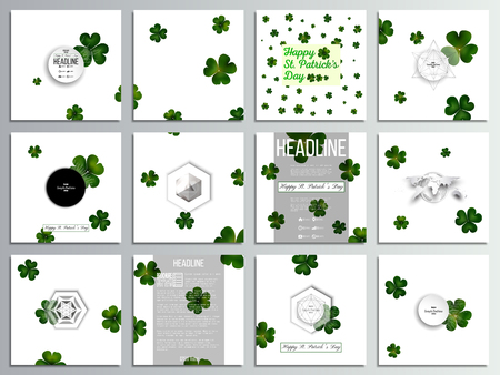 Set of 12 creative cards, square brochure template design. St Patricks day vector background, green clovers on white.のイラスト素材