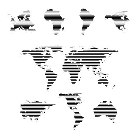 Black linear symbols set, world maps on white, vector illustration.のイラスト素材