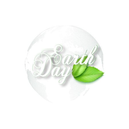 Earth Day background with the words, dotted world globe and green leaves.のイラスト素材