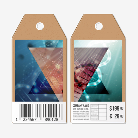 Vector tags design on both sides, cardboard sale labels with barcode. DNA molecule structure on a green background. Science vector background.のイラスト素材