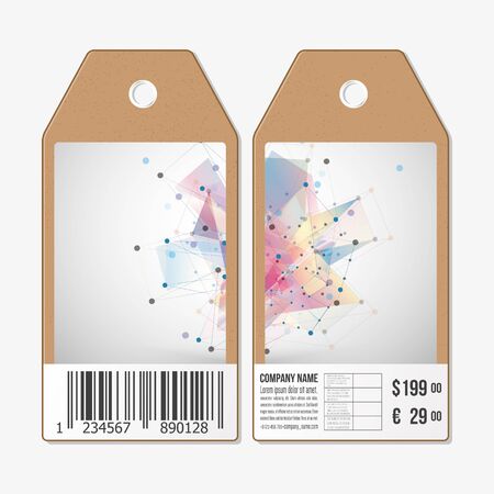 Vector tags design on both sides, cardboard sale labels with barcode. Abstract vector background.  Technical construction with connected lines and dots.のイラスト素材
