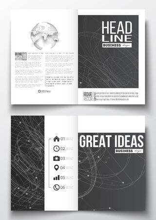 Set of business templates for brochure, magazine, flyer, booklet or annual report. Molecular construction with connected lines and dots, scientific or digital design pattern on black background.のイラスト素材