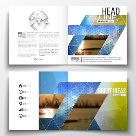 Vector set of square design brochure template. Abstract colorful polygonal background with blurred image on it, modern stylish triangular and hexagonal vector texture.のイラスト素材