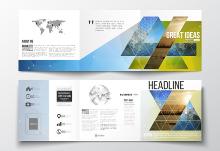 Vector set of tri-fold brochures, square design templates with element of world map and globe. Abstract colorful polygonal background with blurred image on it, modern stylish triangular and hexagonal vector texture.