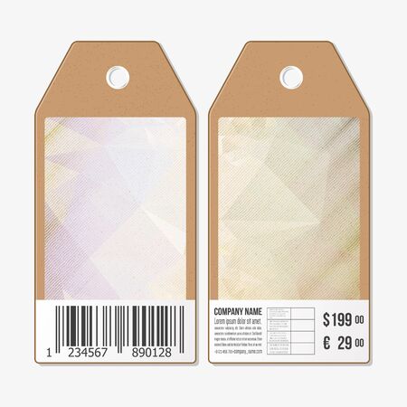 Vector tags design on both sides, cardboard sale labels with barcode. Wooden design, polygonal background, abstract vector illustration.のイラスト素材