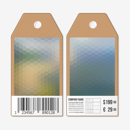 Vector tags design on both sides, cardboard sale labels with barcode. Blurred background. Polygonal design, geometric hexagonal background.のイラスト素材