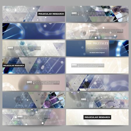 Set of modern vector banners. DNA molecule structure on dark blue background. Science vector background.のイラスト素材