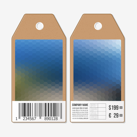 Vector tags design on both sides, cardboard sale labels with barcode. Blurred background. Polygonal design, geometric hexagonal background.のイラスト素材