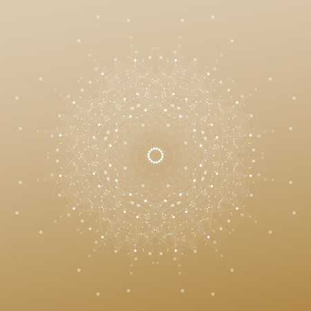 Abstract polygonal low poly backdrop with connecting dots and lines, mandala on golden background, connection structure. Digital or science vector.のイラスト素材