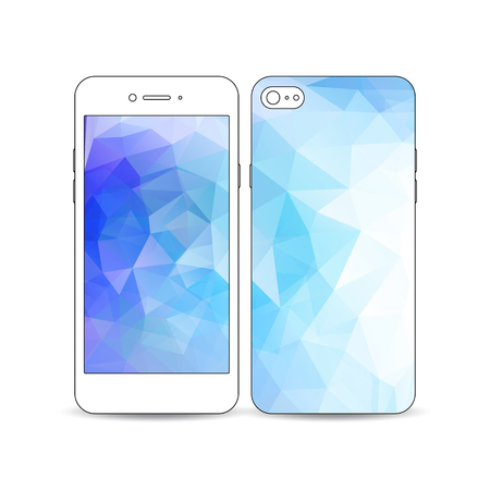 White mobile smartphone with an example of the screen and cover design isolated on white background. Abstract colorful polygonal background, modern stylish triangle vector texture.のイラスト素材