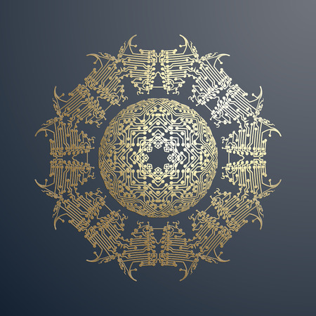 Abstract golden microchip pattern isolated on dark background, mandala template with connecting dots and lines, connection structure. Digital scientific vector.のイラスト素材