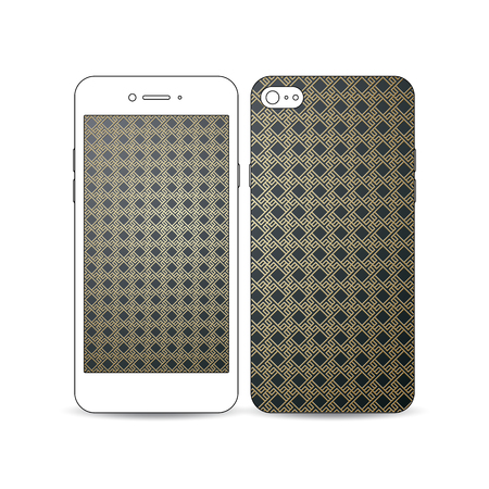 Mobile smartphone with an example of the screen and cover design isolated on white background. Islamic gold pattern, overlapping geometric square shapes forming abstract ornament. Golden textureのイラスト素材