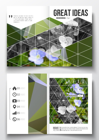Set of business templates for brochure, magazine, flyer, booklet or annual report. Polygonal floral background, blurred image, blue flowers in green grass closeup, modern triangular texture.のイラスト素材
