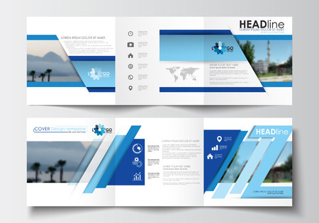 Business templates for tri-fold brochures, square design, annual report. Leaflet cover, easy editable blank, abstract blue layout, vector illustration.のイラスト素材