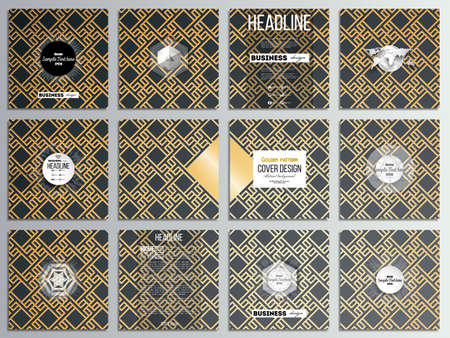 Set of 12 creative cards, square brochure template design. Islamic gold pattern with overlapping geometric square shapes forming abstract ornament. Vector stylish golden texture on black background.のイラスト素材