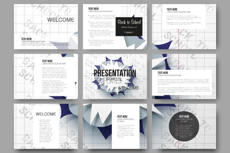 Set of 9 templates for presentation slides. Back to school poster with letters made from halftone dots, modern background, greeting card, cartoon explosion in pop-art style on notebook paper, vector illustrationのイラスト素材