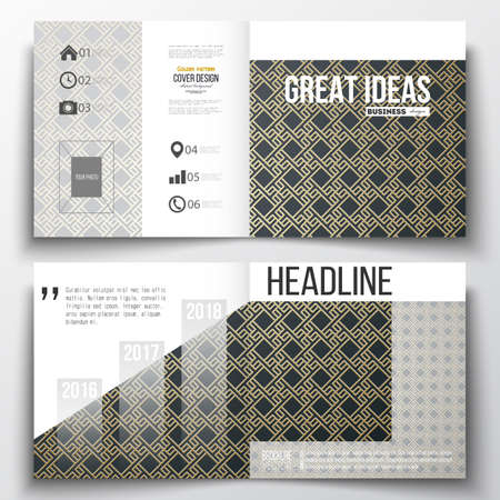 Set of annual report business templates for brochure, magazine, flyer or booklet. Islamic gold pattern with overlapping geometric square shapes forming abstract ornament. Vector golden texture.のイラスト素材