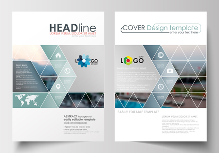 Business templates for brochure, magazine, flyer, booklet. Cover design, abstract flat style travel decoration layout in A4 size, easy editable vector template, colorful blurred natural landscapeのイラスト素材
