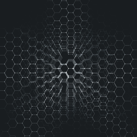 Chemistry 3D pattern, hexagonal design molecule structure on black, scientific medical research. Medicine, science and technology concept. Motion design. Geometric abstract backgroundのイラスト素材