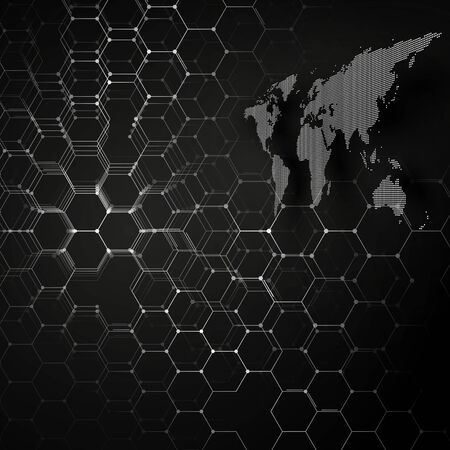 White dotted world map, connecting lines and dots on black color background. Chemistry pattern, hexagonal molecule structure, scientific or medical research. Medicine, science, technology concept. Abstract design vector decoration.のイラスト素材