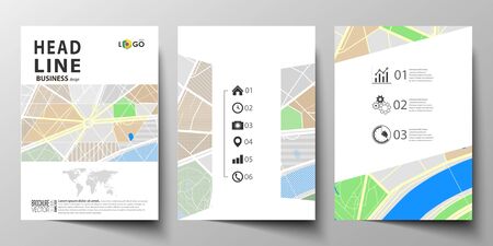 Business templates for brochure, magazine, flyer, booklet or annual report. Cover design template, easy editable blank, abstract flat layout in A4 size. City map with streets. Flat design template for tourism businesses, abstract vector illustration.のイラスト素材