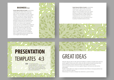 Set of business templates for presentation slides. Easy editable abstract layouts in flat design, vector illustration. Green color background with leaves. Spa concept in linear style. Vector decoration for cosmetics, beauty industry.のイラスト素材