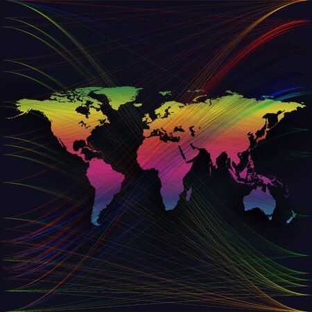 Colorful background with world map, abstract waves, lines. Bright color curves, swirl. Motion design. Colourful vector decorationのイラスト素材