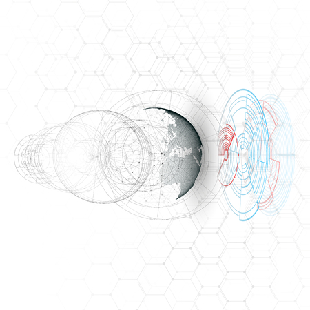 Dotted world globe, connecting lines, abstract construction, space station, orbit isolated on white. Futuristic high tech HUD background. Scientific vector design. Science, technology conceptのイラスト素材