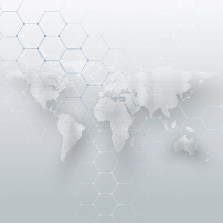 White dotted world map, connecting lines and dots on gray color background. Chemistry pattern, hexagonal molecule structure, medical research. Medicine, technology concept. Abstract design vector decoration.のイラスト素材