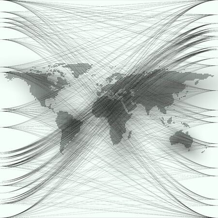 Black color dotted world map with abstract waves and lines on white background. Motion design. Gray chaotic, random, messy curves, swirl. Vector decoration.のイラスト素材