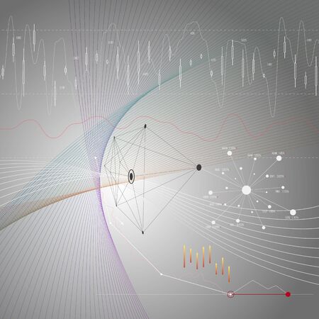 Gray color abstract infographic background in minimalist style made from lines, symbols, charts, diagrams and other elements. Business concept for cover decoration of brochure, flyer or report.のイラスト素材