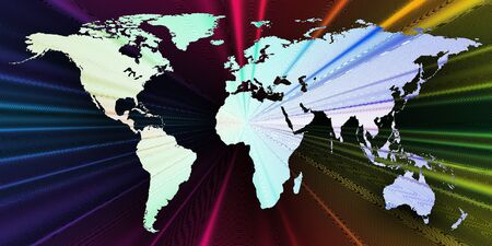 Colorful 3d background with world map, abstract waves, lines. Bright color curves, swirl. Motion design. Colourful vector decoration.のイラスト素材