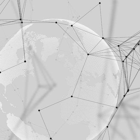Abstract futuristic network shapes. High tech HUD background, connecting lines and dots, polygonal linear texture. World globe on gray. Global network connections, geometric design, dig data concept.のイラスト素材