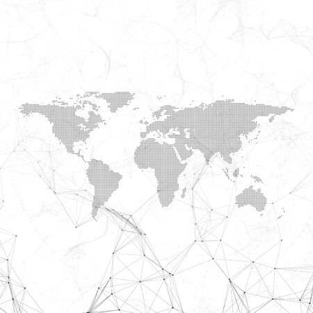 Chemistry pattern, dotted world map, connecting lines and dots, molecule structure on white. Scientific medical DNA research. Medicine, science, technology concept. Geometric design background.のイラスト素材