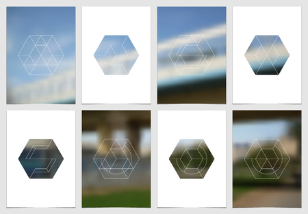 A4 brochure cover design with geometric shapes and masks in modern minimalistic style. Creative flyer template, annual report, leaflet, magazine cover or poster. Vector blank layout. Hexagonal figuresのイラスト素材
