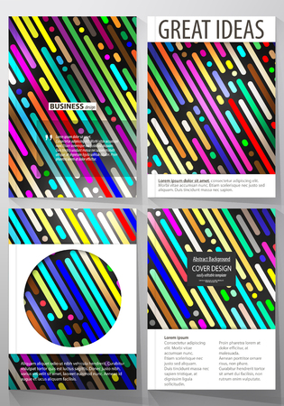 Business templates for brochure, magazine, flyer, booklet. Cover design template, vector layout in A4 size. Colorful background made of stripes. Abstract tubes and dots. Glowing multicolored texture.のイラスト素材