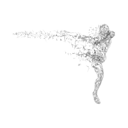 Conceptual abstract running man. Connected lines, dots, triangles, particles on white background. Science or technology concept. High technology vector digital background for business banner.のイラスト素材