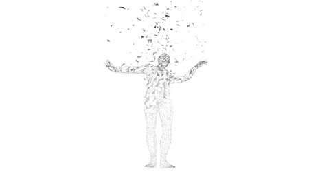 Conceptual abstract man. Connected lines, dots, triangles, particles on white background. Artificial intelligence concept. High technology vector digital backgroundのイラスト素材