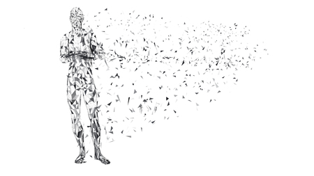 Conceptual abstract man with crossed arms. Connected lines, dots, triangles. Science or technology concept. High technology vector digital background for business banner. 3D render vector illustrationのイラスト素材