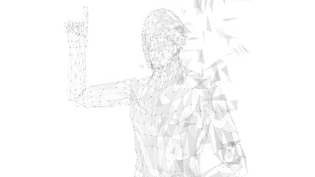 Conceptual abstract man pointing finger up, connected lines, dots, triangles, particles on white....