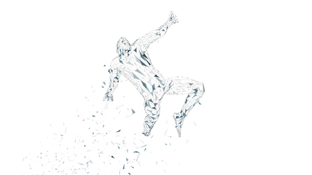 Conceptual abstract man is soaring in air. Connected lines, dots, triangles, particles isolated on white. Vector illustration.のイラスト素材