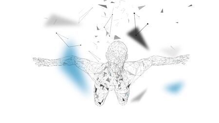 Conceptual abstract man. Connected lines, dots, triangles, particles on white background. Artificial intelligence concept. High technology vector, digital background. 3D render vector illustration.のイラスト素材