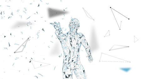 Conceptual abstract man touching or pointing to something. Connected lines, dots, triangles, particles. Artificial intelligence concept. High technology vector, digital background. 3D render vectorのイラスト素材