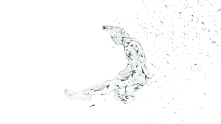 Conceptual abstract man jumping in kung fu kick. Connected lines, dots, triangles, particles. Artificial intelligence concept. High technology vector, digital background. 3D render vector illustrationのイラスト素材
