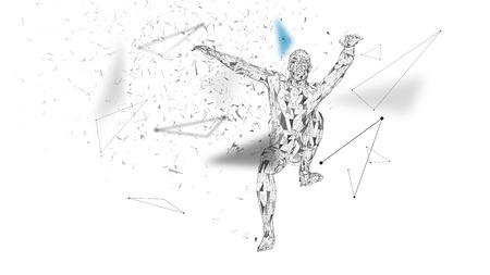 Conceptual abstract man in a jump. Connected lines, dots, triangles, particles. Artificial intelligence concept. High technology vector, digital background. 3D render vector illustration.のイラスト素材
