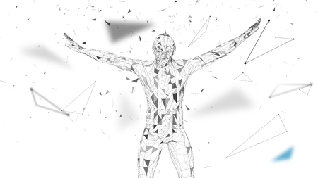 Conceptual abstract man. Connected lines, dots, triangles, particles on white background. Artificial intelligence concept. High technology vector, digital background. 3D render vector illustration.のイラスト素材