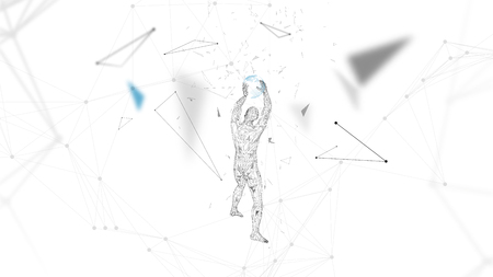 Conceptual abstract man holds a world globe. Connected lines, dots, triangles, particles. Artificial intelligence concept. High technology vector, digital background. 3D render vector illustration.のイラスト素材