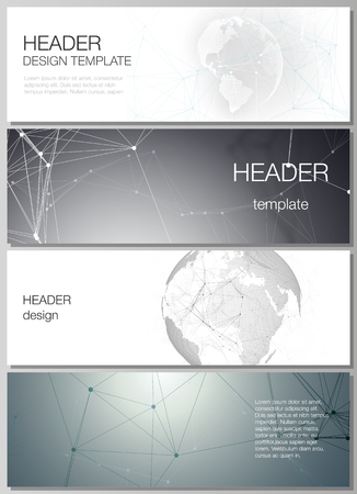 The minimalistic vector layout of headers, banner design templates. Futuristic geometric design with world globe, connecting lines and dots. Global network connections, technology digital conceptのイラスト素材