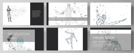 The minimalistic abstract vector illustration of the editable layout of the presentation slides design business templates. Man with glasses of virtual reality. Abstract vr, future technology concept.のイラスト素材