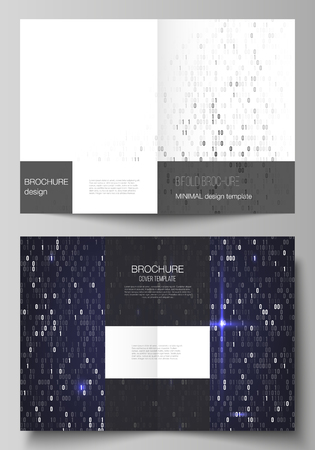 Vector layout of two A4 format modern cover mockups design templates for bifold brochure, flyer, booklet. Binary code background. AI, big data, coding or hacker concept, digital technology backgroundのイラスト素材